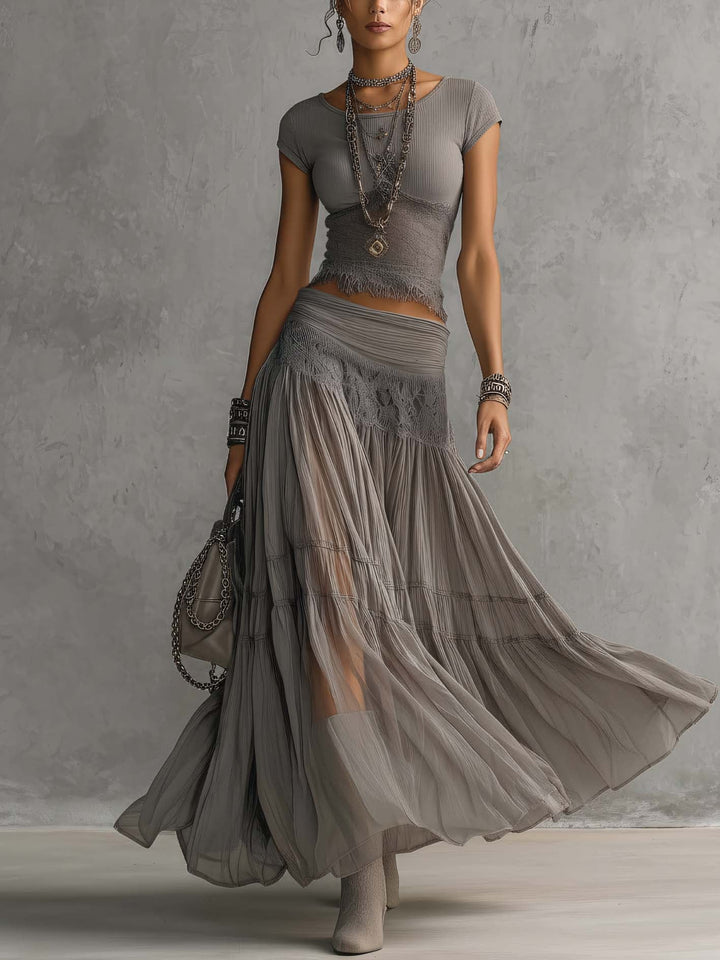 Ensemble Top à Panneaux en Dentelle et Jupe Maxi Plissée
