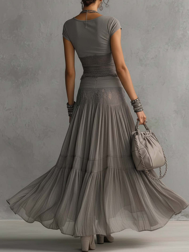 Ensemble Top à Panneaux en Dentelle et Jupe Maxi Plissée