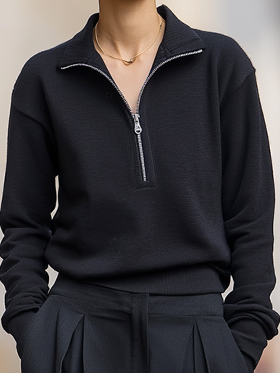 Jade - Set Pullover con Mezza Zip e Pantaloni a Gamba Larga con Pieghe