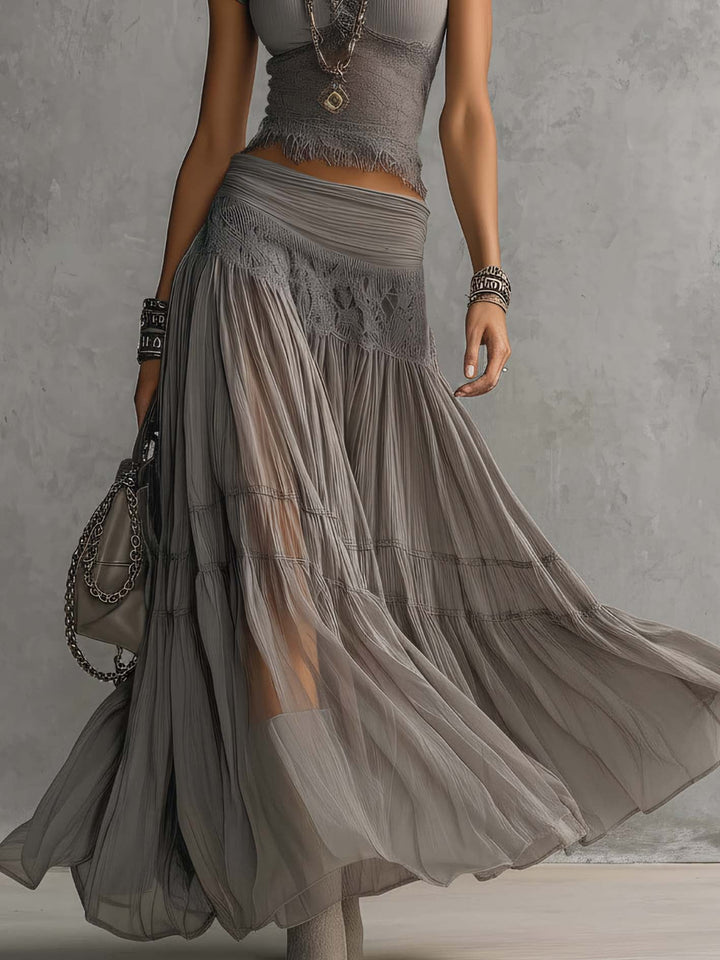 Ensemble Top à Panneaux en Dentelle et Jupe Maxi Plissée
