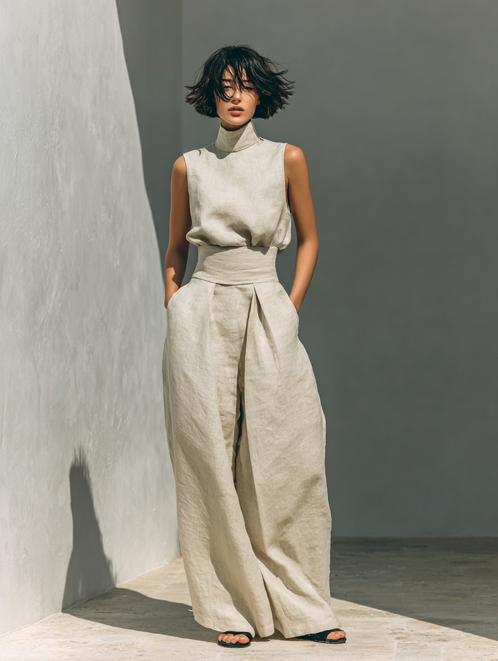 Ensemble composé d'un débardeur et d'un pantalon à jambes larges en mélange de coton et de lin.