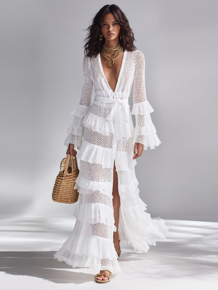 Cardigan en Crochet Tricoté Blanc Éclatant pour Femmes avec Décolleté en V Profond et Volants Superposés, Style Bohème-Chic Intemporel Cardigan