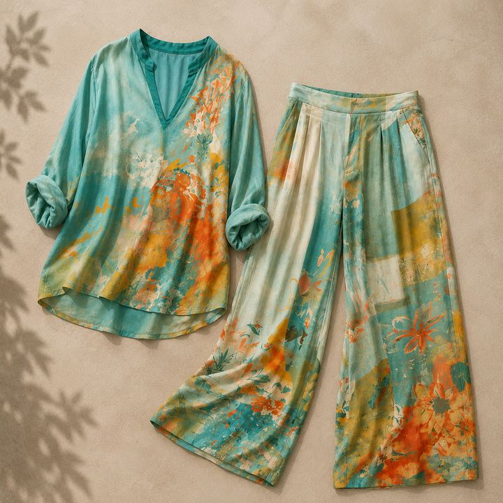 Chiara | Completo elegante con stampa floreale e pantaloni larghi