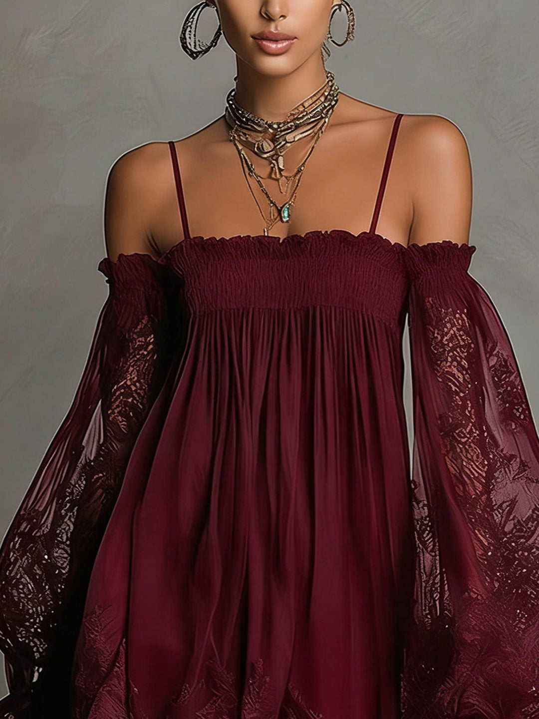 Noemi - Robe mini en chiffon bleu marine avec décolleté épaules dénudées, bord en dentelle et manches transparentes