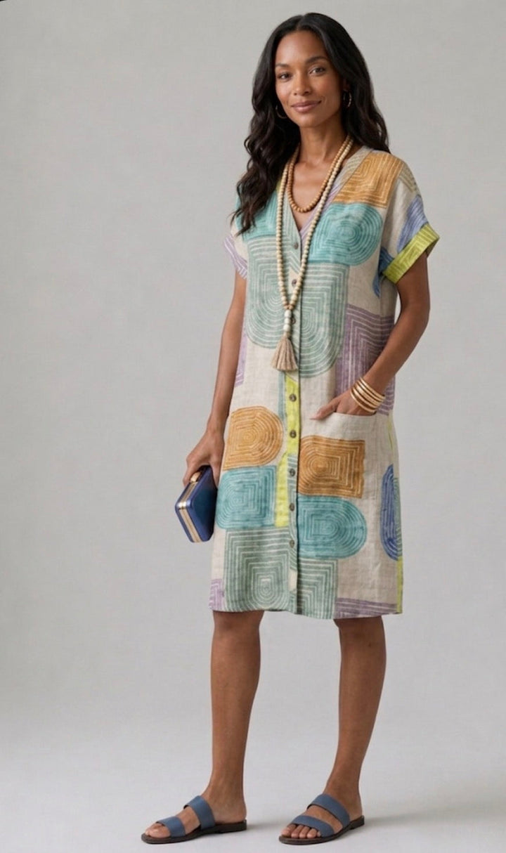 Fenella | Vestito a V con Maniche Corte e Lunghezza al Ginocchio