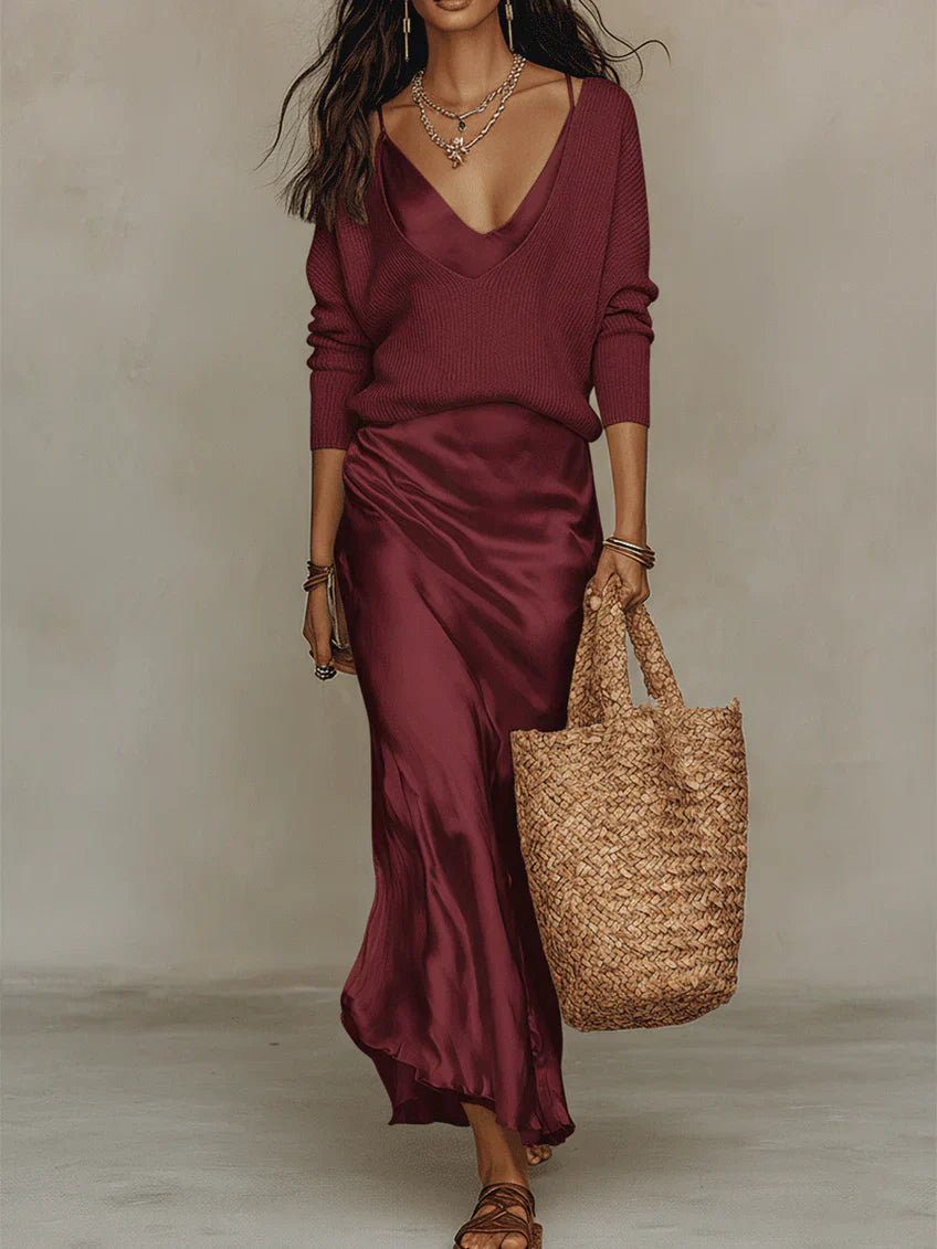 Elena | Abito Midi Satinate con Maglione Inclusa