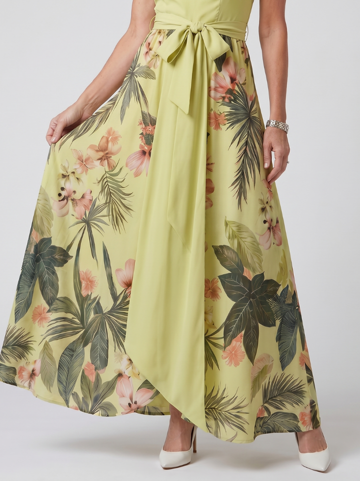 Meadow | Abito Maxi con Pannello Botanico e Scollo All'Americana