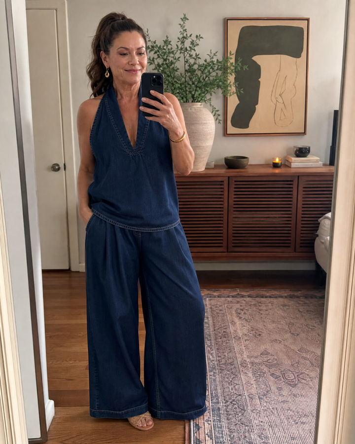 Zorelle | Top in Denim con Collo Halter e Pantaloni a Gamba Larga