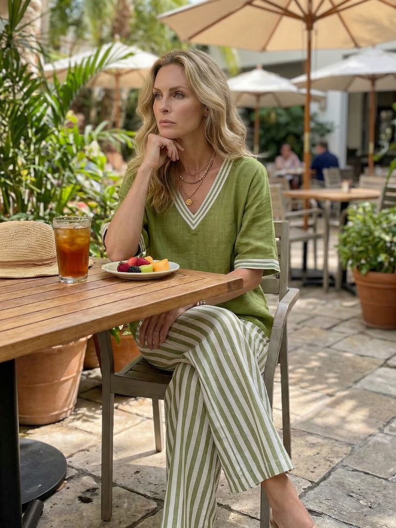 Wren | Set di Pantaloni a Strisce con Tunica a V Contrasto