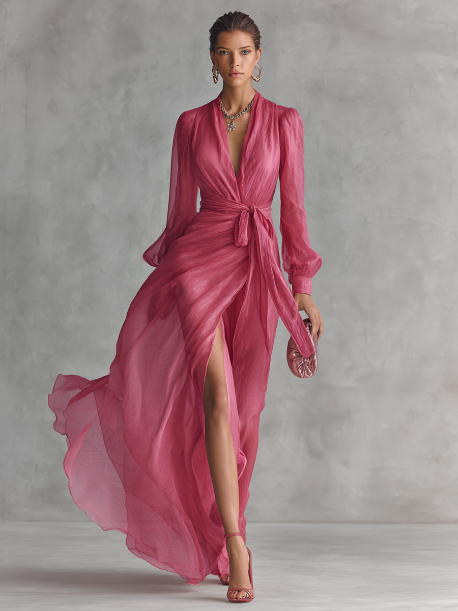 Robe Longue Élégante Femme en Chiffon Rose Poudré à Perles, Décolleté en V et Taille Liée