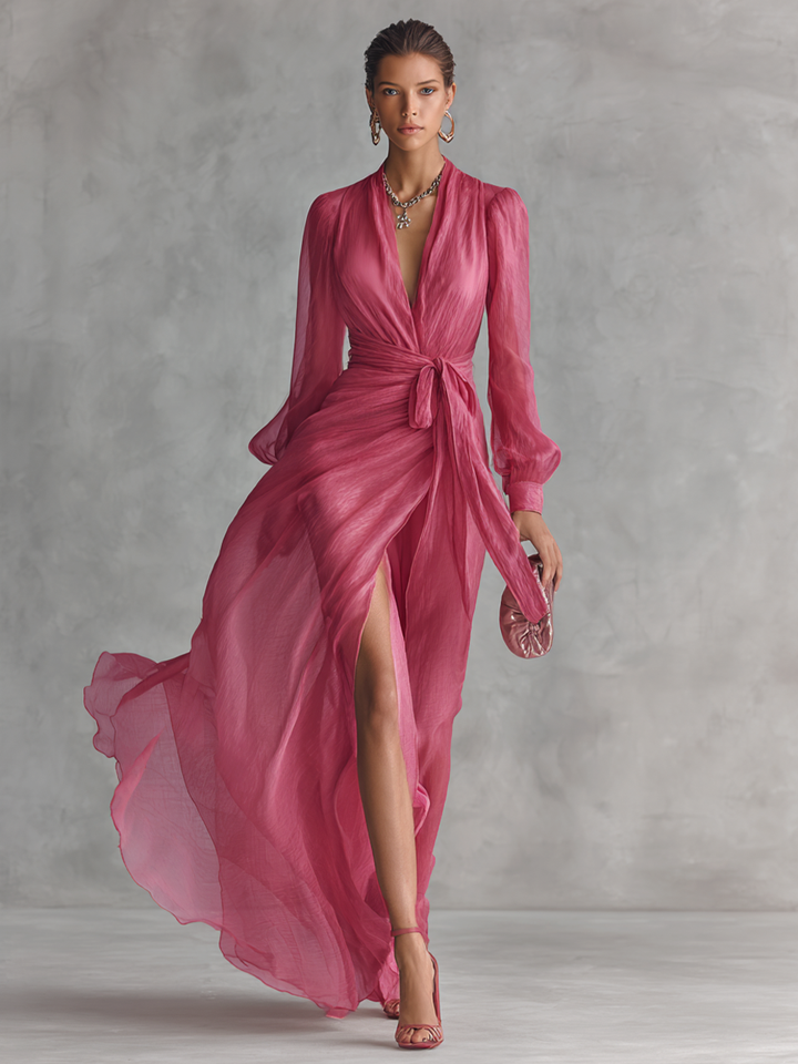 Robe Longue Élégante Femme en Chiffon Rose Poudré à Perles, Décolleté en V et Taille Liée