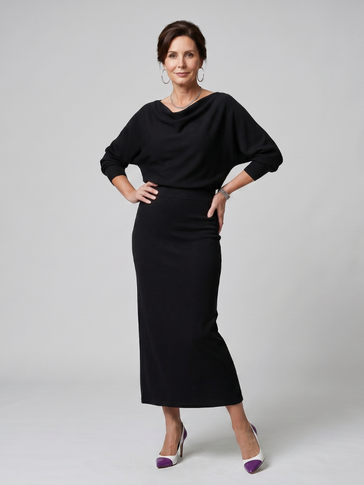 Romy | Abito midi aderente con scollatura drappeggiata