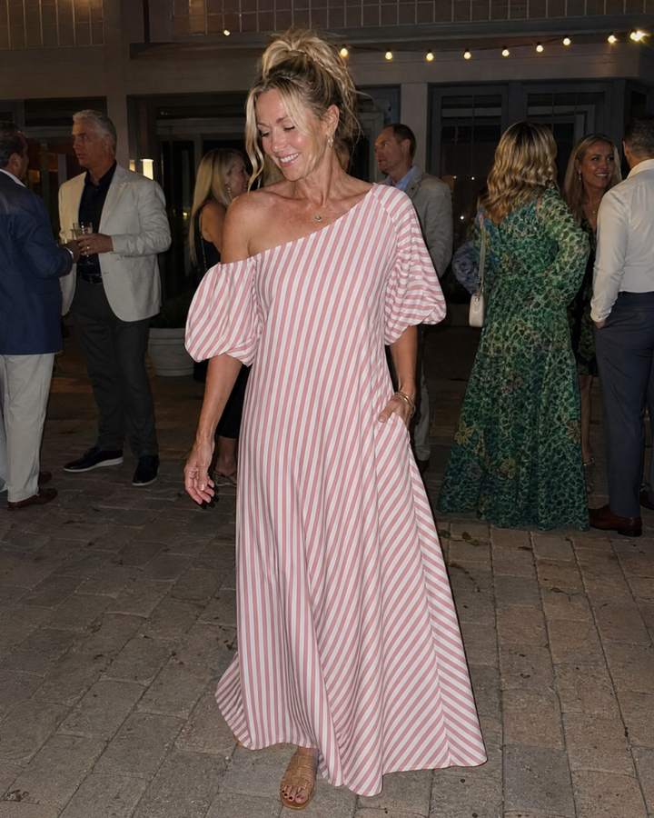 Zamrina | Abito Midi a Strisce con Maniche a Volant Off Shoulder