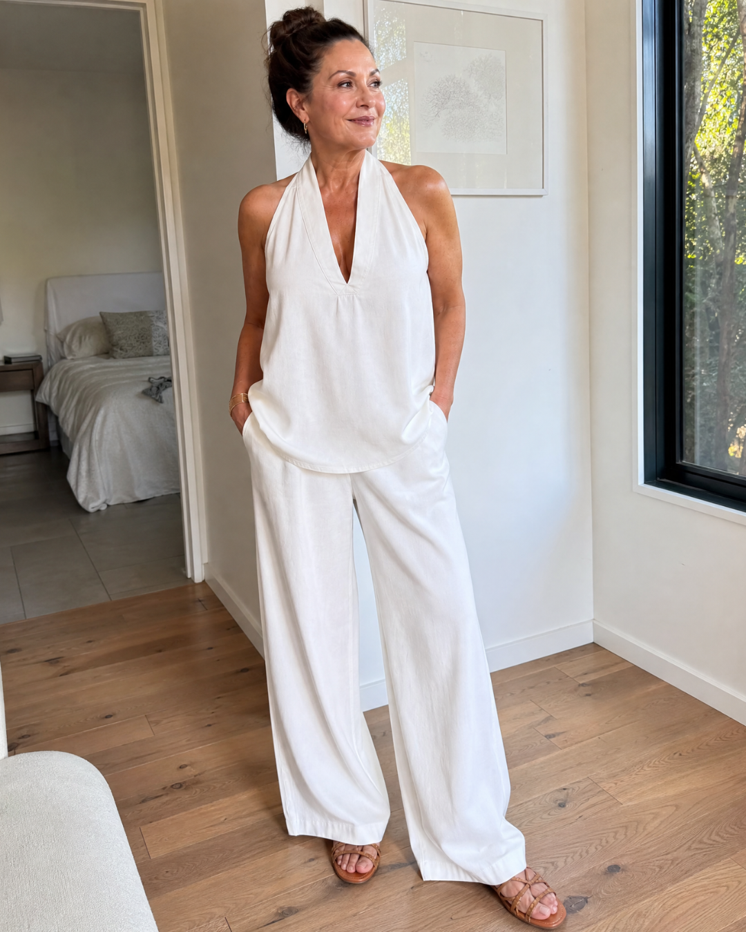 Zorelle | Top in Denim con Collo Halter e Pantaloni a Gamba Larga