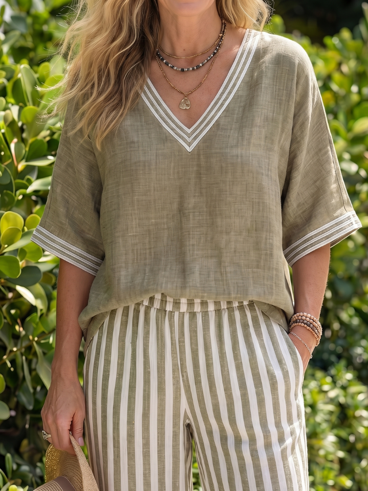 Wren | Set di Pantaloni a Strisce con Tunica a V Contrasto