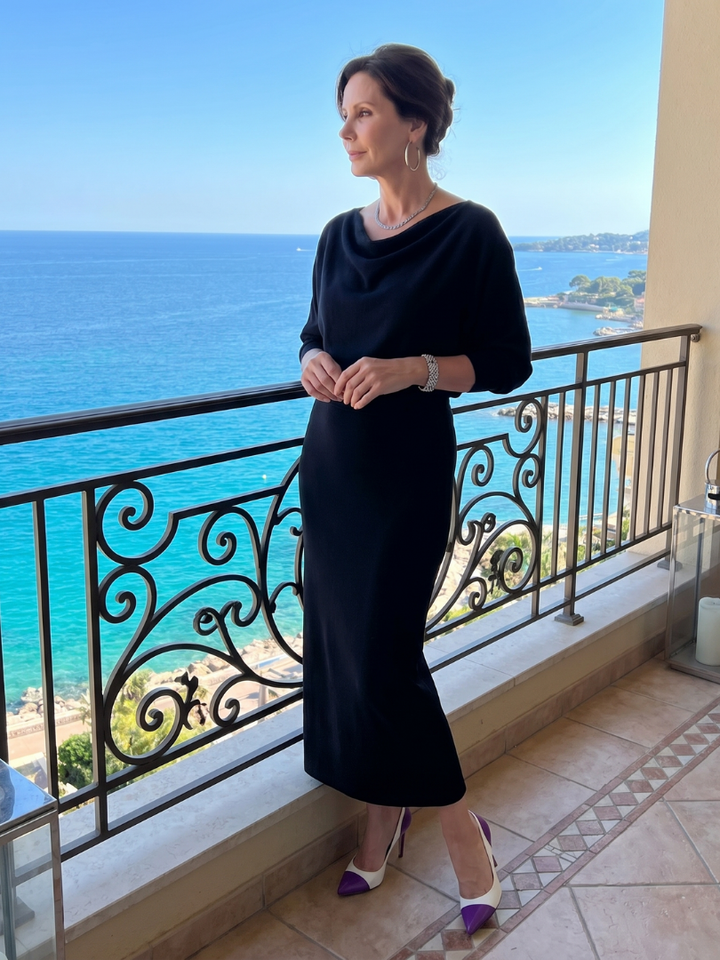Romy | Abito midi aderente con scollatura drappeggiata