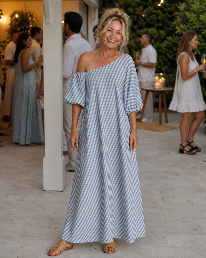 Zamrina | Abito Midi a Strisce con Maniche a Volant Off Shoulder