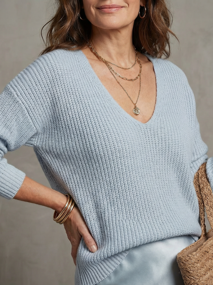 Luciana | Set di Maglione a V e Gonna in Satin a Taglio Inclinato