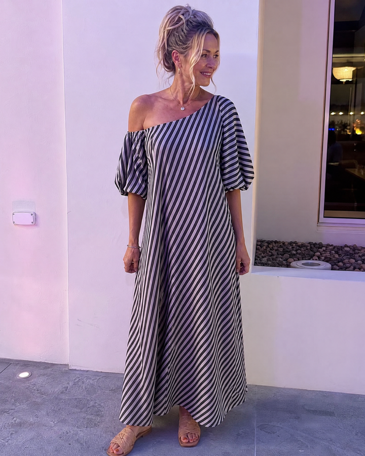 Zamrina | Abito Midi a Strisce con Maniche a Volant Off Shoulder