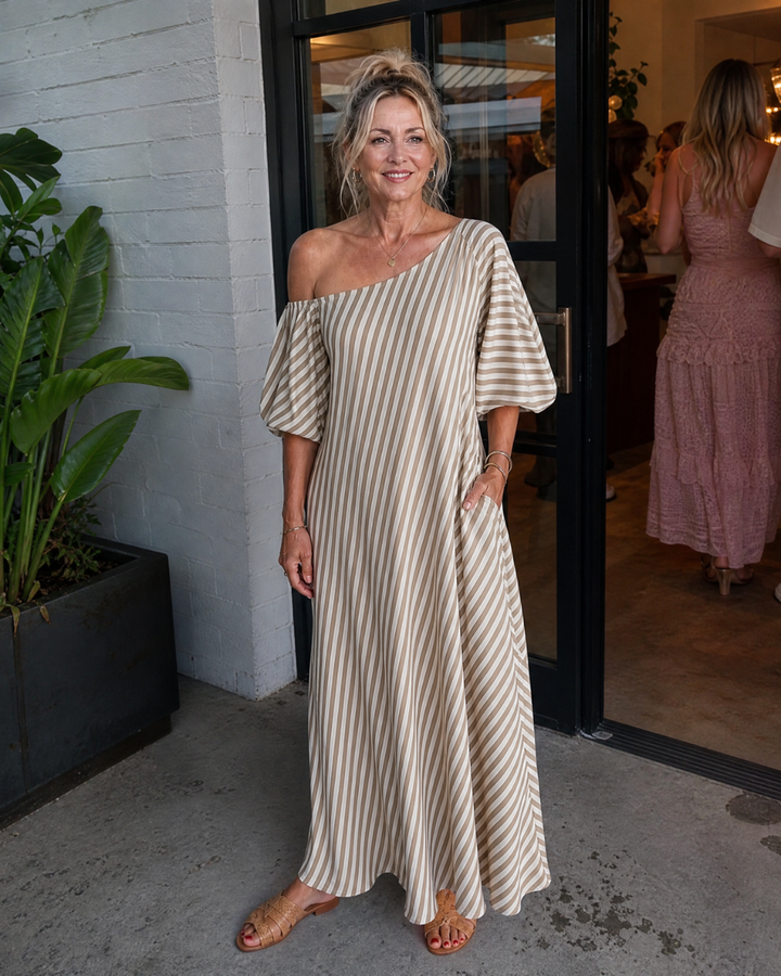 Zamrina | Abito Midi a Strisce con Maniche a Volant Off Shoulder