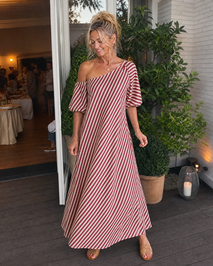 Zamrina | Abito Midi a Strisce con Maniche a Volant Off Shoulder