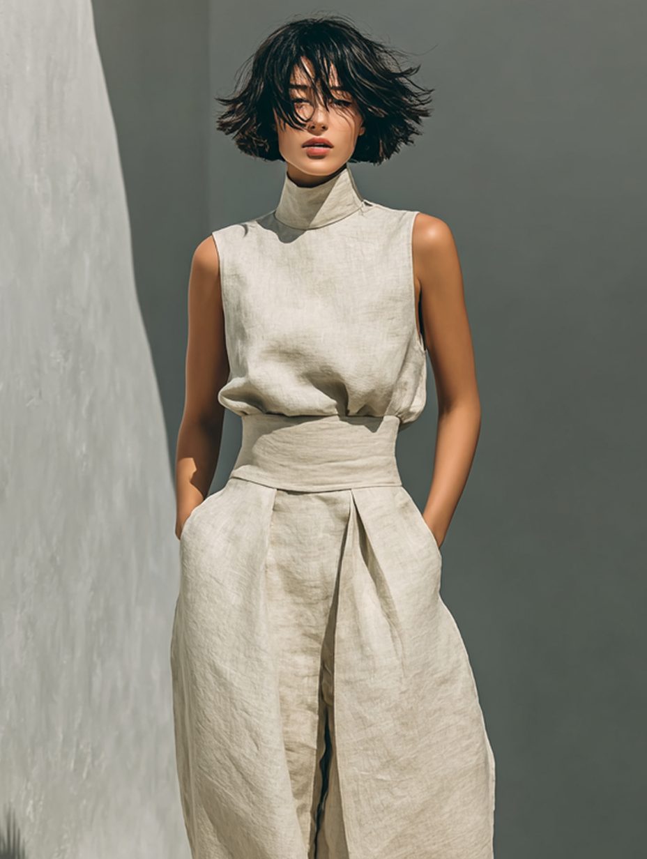 Ensemble composé d'un débardeur et d'un pantalon à jambes larges en mélange de coton et de lin.