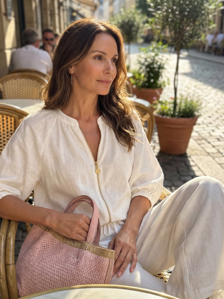 Natalia | Top Blouson con Zip Frontale e Pantaloni a Gamba Larga