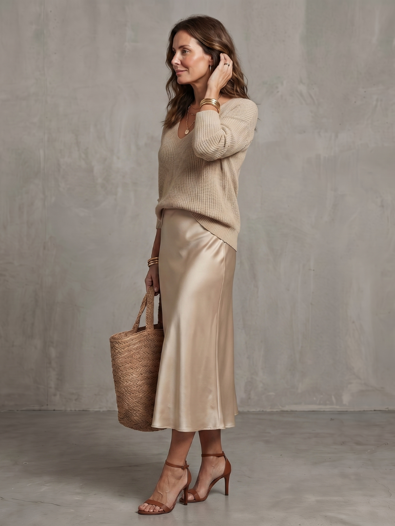 Luciana | Set di Maglione a V e Gonna in Satin a Taglio Inclinato