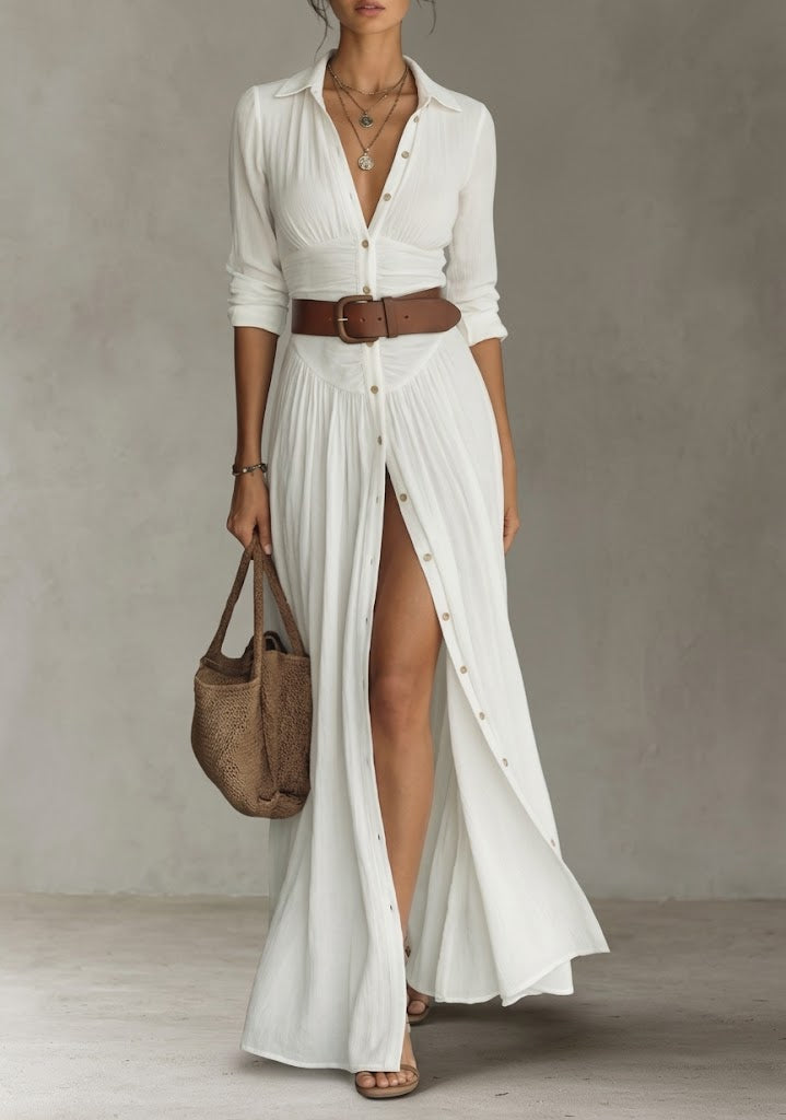 Robe longue femme avec col à revers et manches longues en lin