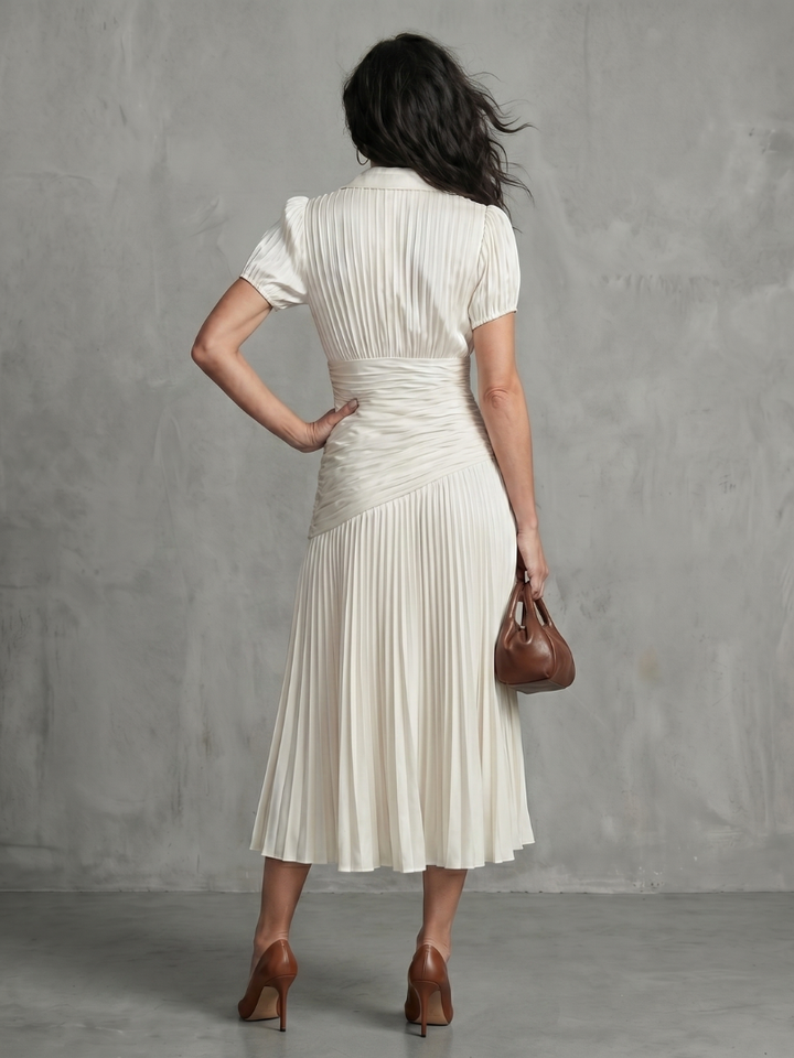 Theodora | Vestito Midi a Strisce con Vita Plissettata
