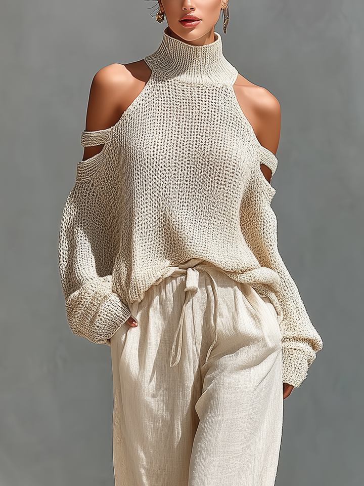 Ensemble Top Col Roulé à Épaules Dégagées en Tricot Beige pour Femmes & Pantalons à Jambes Larges