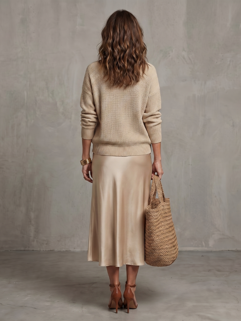 Luciana | Set di Maglione a V e Gonna in Satin a Taglio Inclinato