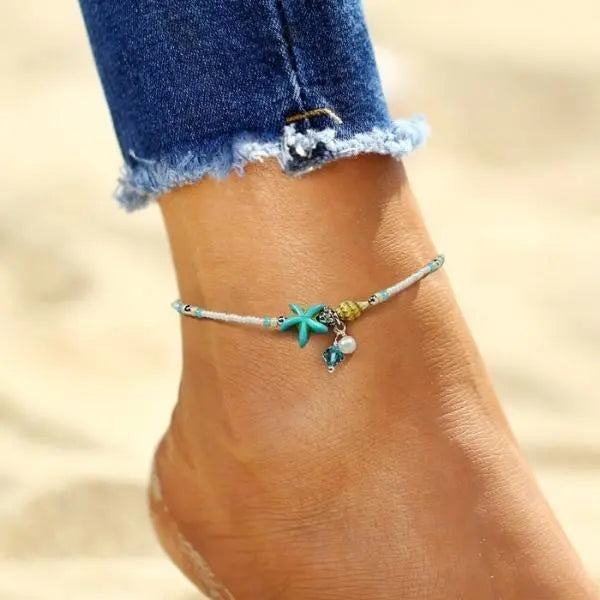 Bracelet de cheville étoile et coquillage avec pierres naturelles