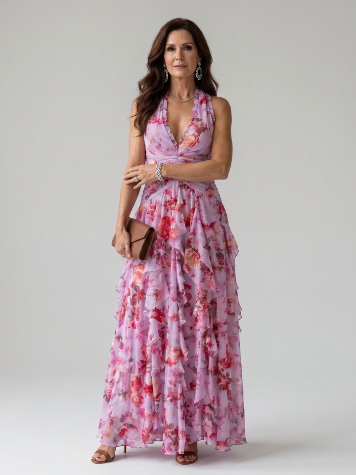 Nori | Vestito Maxi Floreale con Corpino Arricciato e Collo Halter