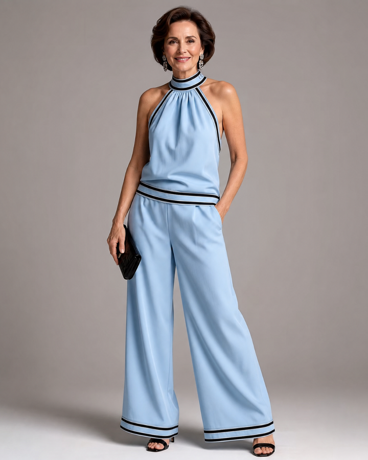 Zephyrine | Jumpsuit a gamba larga con scollatura a halter e dettagli a contrasto