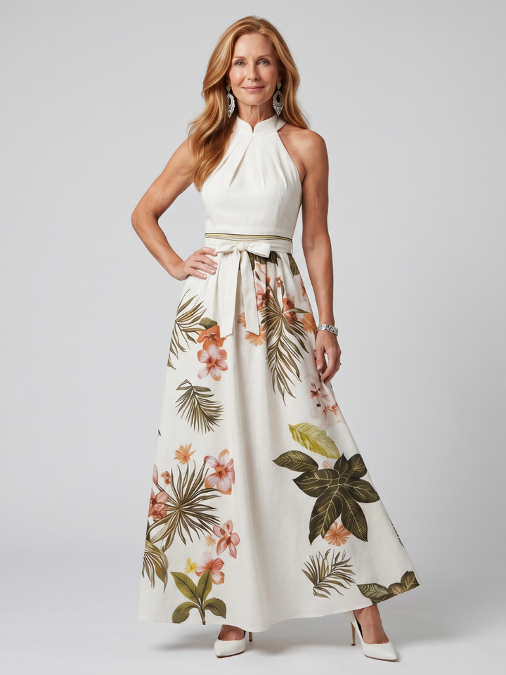 Meadow | Abito Maxi con Pannello Botanico e Scollo All'Americana