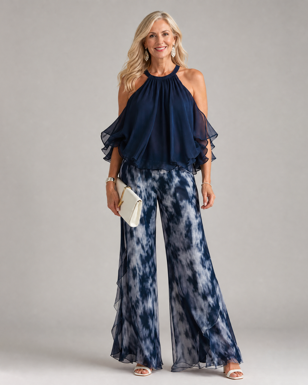 Xylara | Set con Scollo Halter a Strati e Pantaloni Larghe Stampati