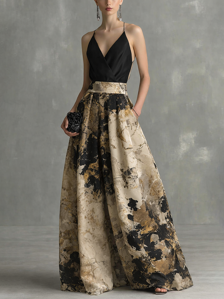 Robe Maxi Élégante Femme Noir et Beige Imprimé Abstrait Décolleté en V avec Bretelles