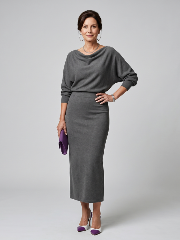 Romy | Abito midi aderente con scollatura drappeggiata