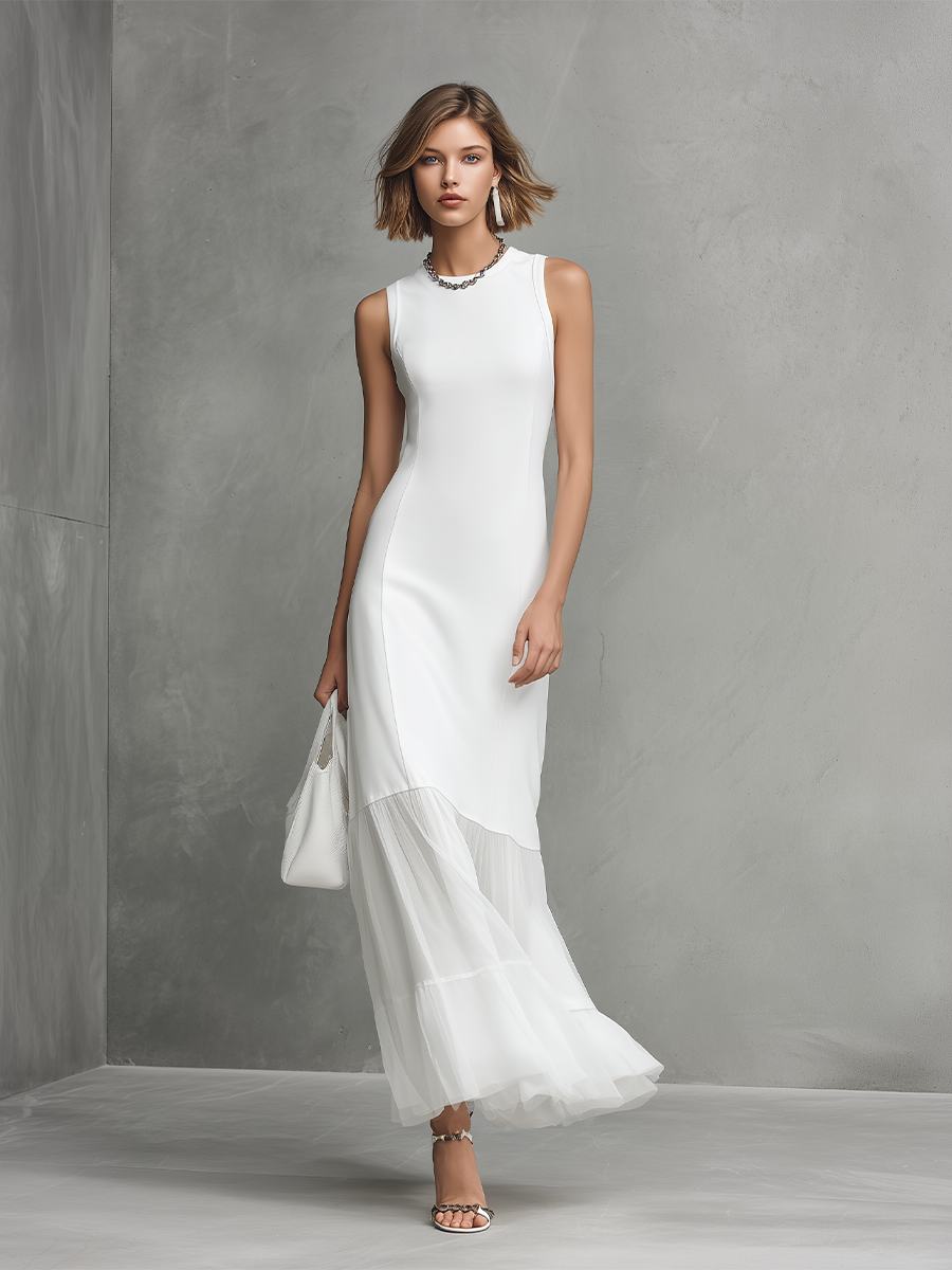 Robe élégante blanche sans manches en soie de lait et panneaux en chiffon