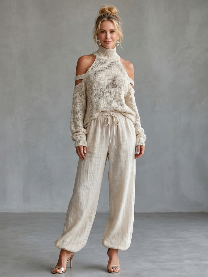 Questo | Top a Maglia con Spalle Scoperte e Set di Pantaloni a Gamba Larga