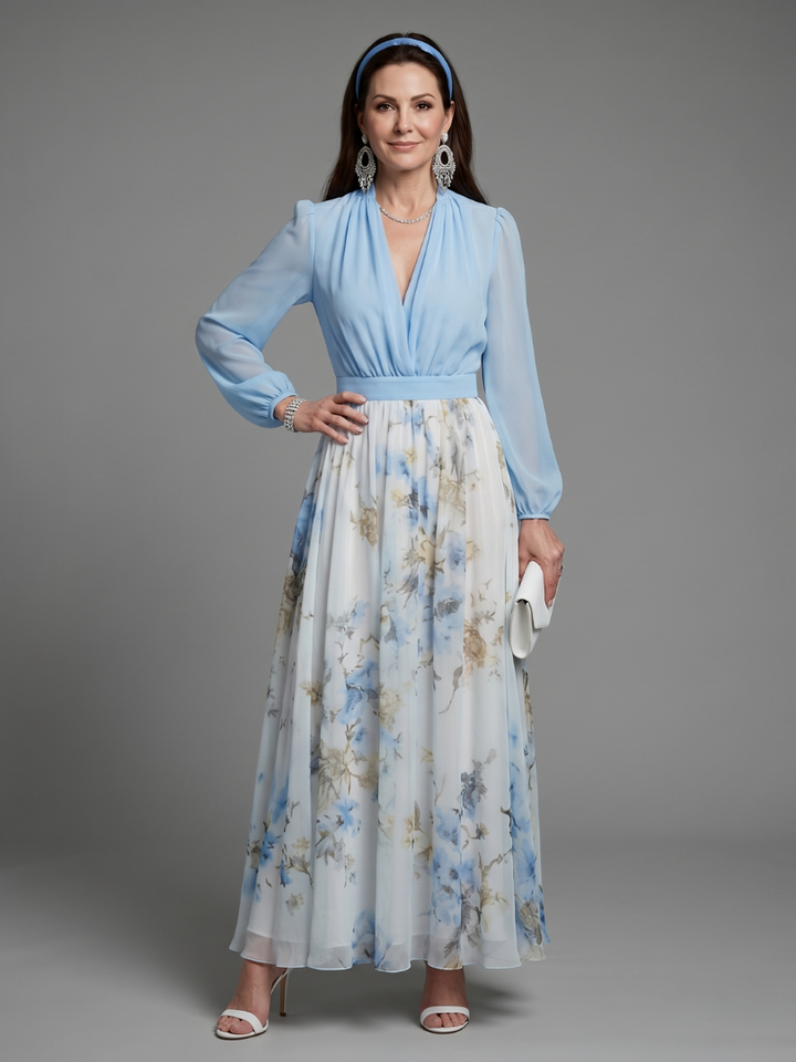 Augusta | Abito Maxi Floreale con Corpino Trasparente a V