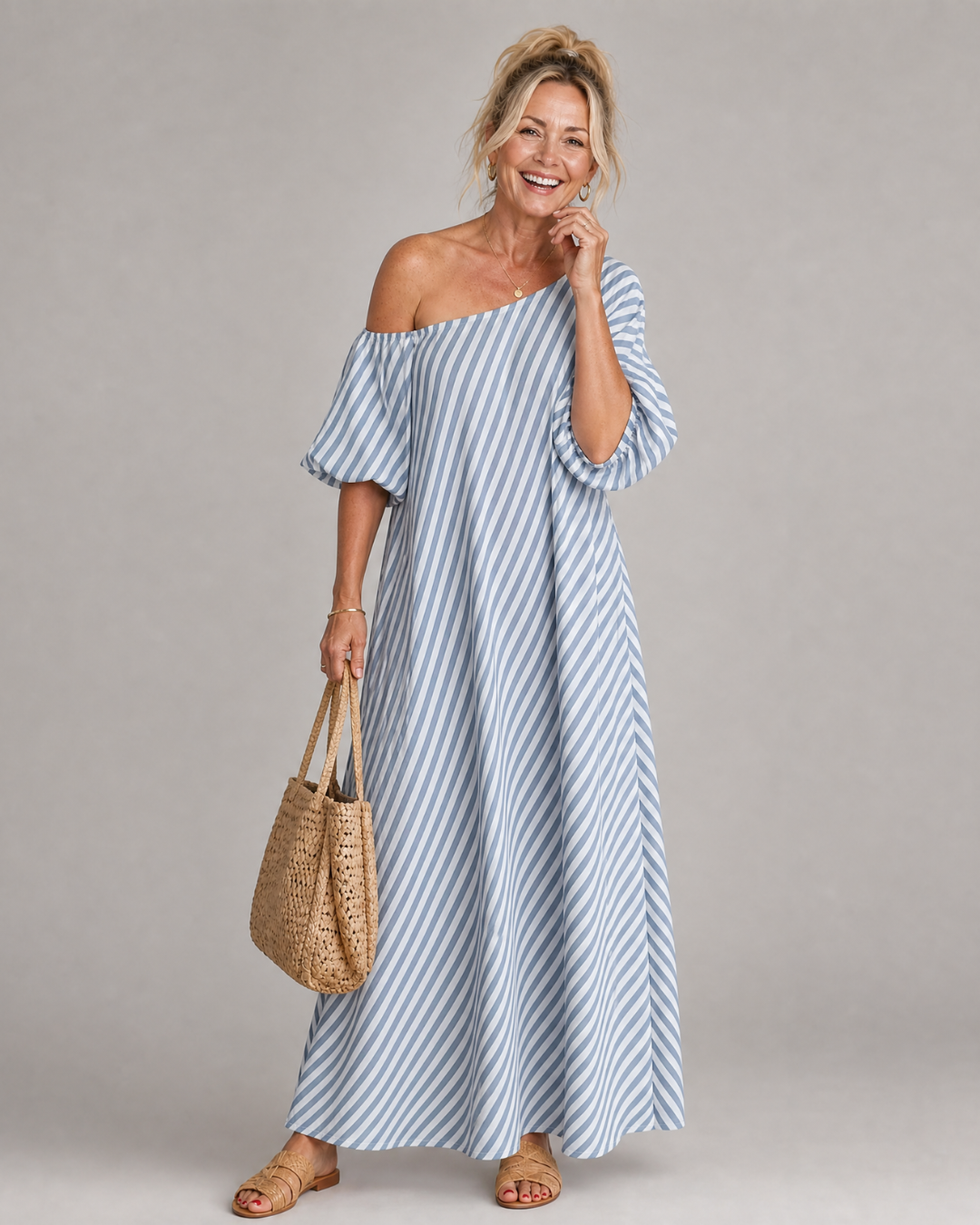 Zamrina | Abito Midi a Strisce con Maniche a Volant Off Shoulder