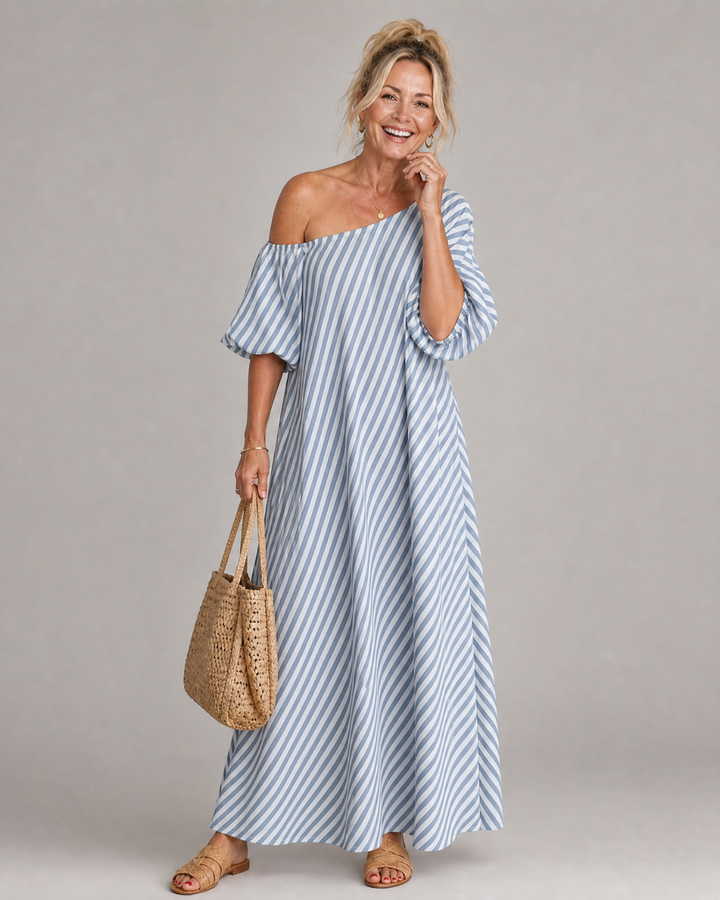 Zamrina | Abito Midi a Strisce con Maniche a Volant Off Shoulder