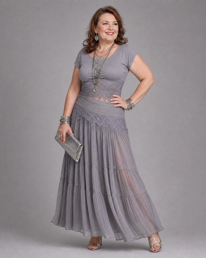 Virelune | Set Top Corto Drappeggiato e Gonna Maxi Plissettata