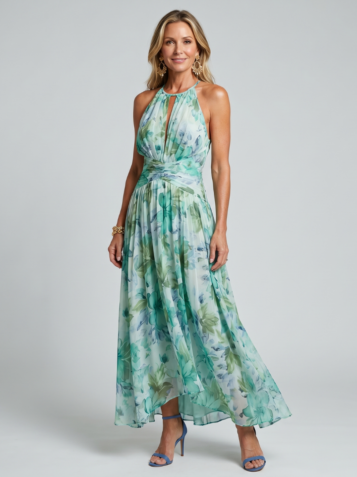 Portia | Vestito Midi a Pieghe con Scollo All'Americana e Motivo Floreale