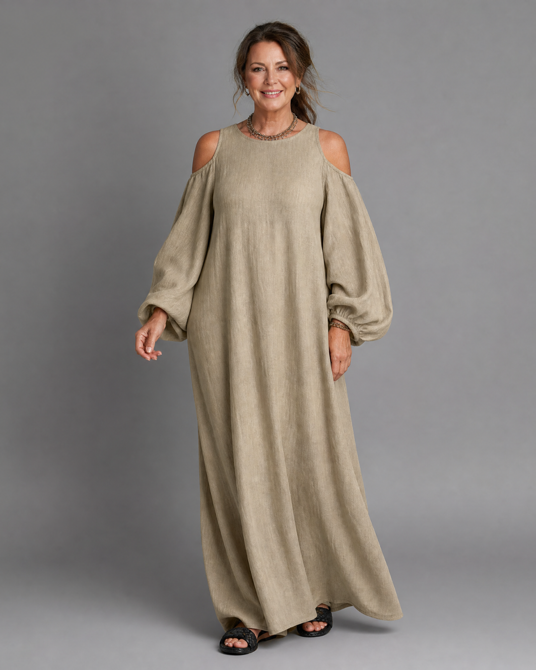 Sylphine | Abito Maxi Relaxed con Spalle Scoperte e Maniche a Palloncino