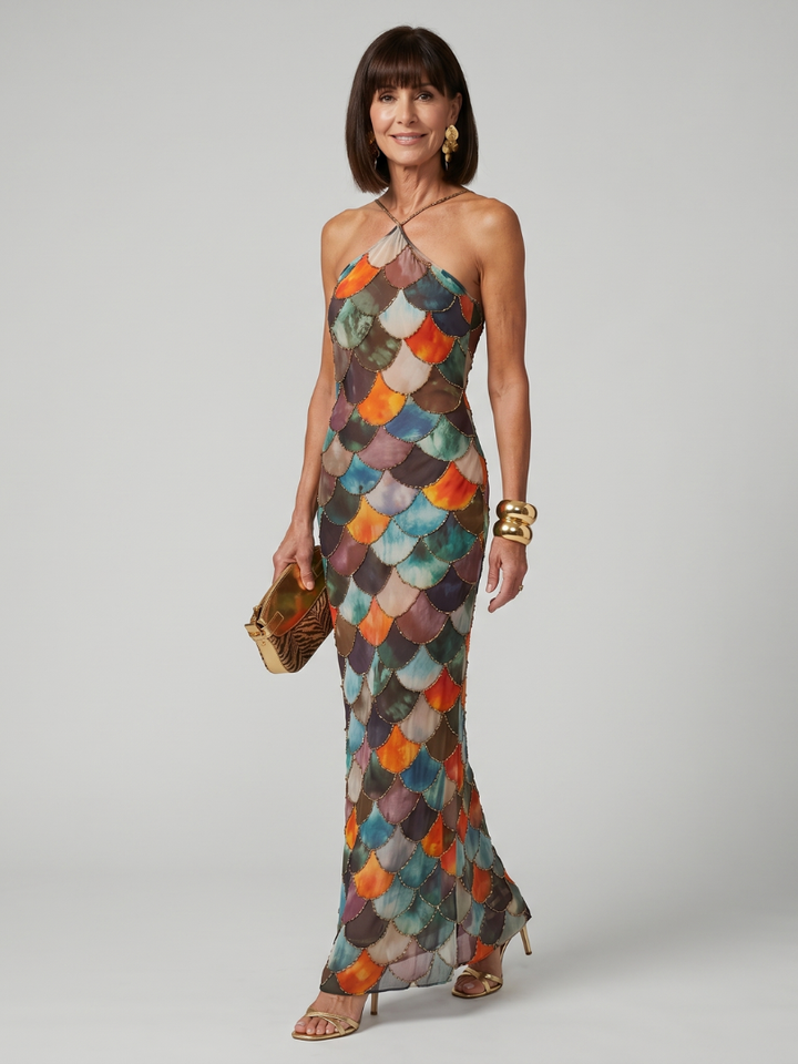 Larkin | Abito Maxi a Scaglie Multicolore Fitted