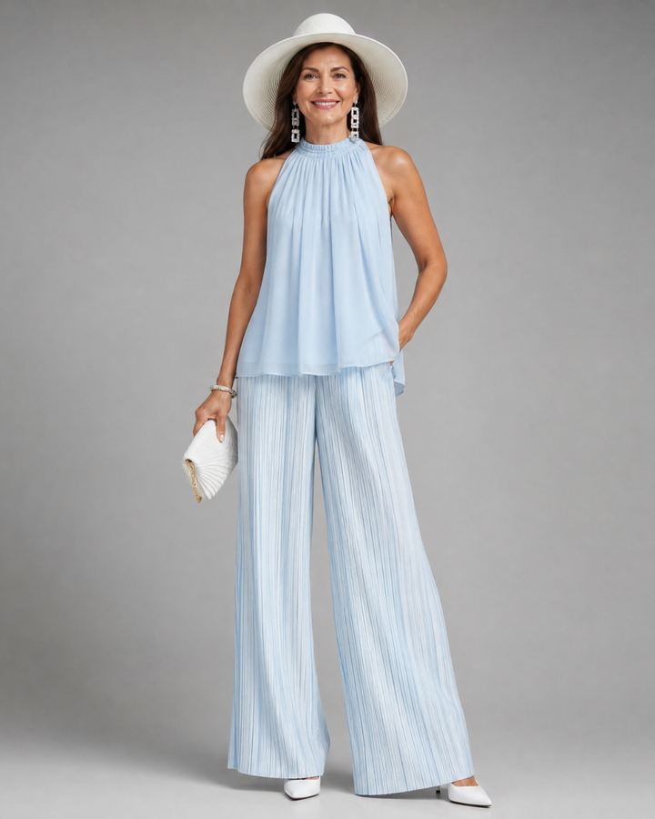 Sylmara | Top Fluttuante con Collo All'Americana e Pantaloni Largo Plissettati