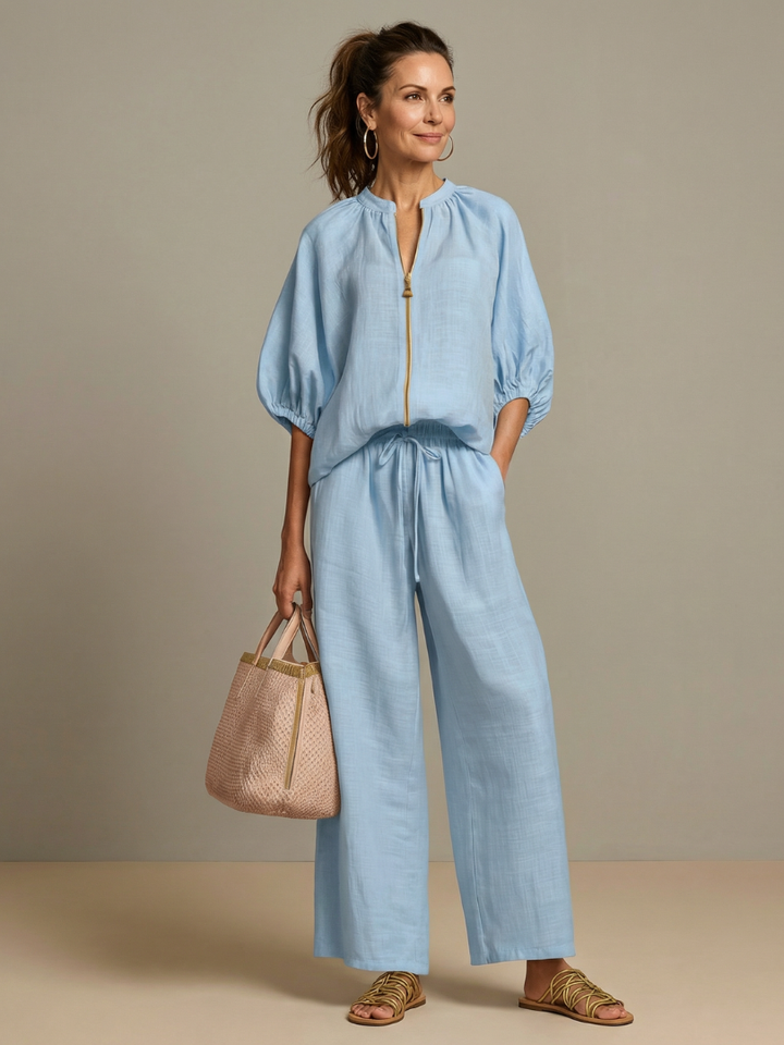 Natalia | Top Blouson con Zip Frontale e Pantaloni a Gamba Larga